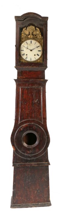 A 19th century French Normandy oak longcase clock, enamel Roman dial gilt metal pediment and