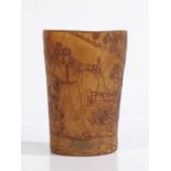 A 19th century horn beaker, of tapered form, engraved with figural scene of foxhunting, landscape to