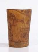 A 19th century horn beaker, of tapered form, engraved with figural scene of foxhunting, landscape to