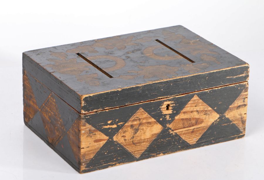 A 19th century pen-work and ebonised pine ballot box, of rectangular form with twin-slotted hinged