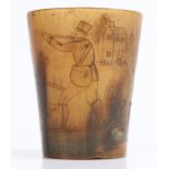 A 19th century horn beaker, of tapered form, carved with figural scene of a shoot with landscape