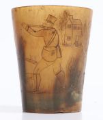 A 19th century horn beaker, of tapered form, carved with figural scene of a shoot with landscape
