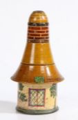 A 19th century painted Tunbridge ware treen sewing compendium, in the form of a cottage,