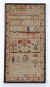 A George III Scottish alphabet sampler, with figural and foliate detail, named Elizabeth Pearl