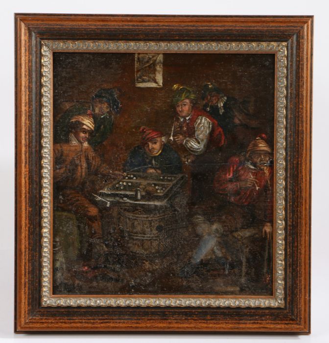 Dutch School (18th century) Tavern interior with pipe smoking characters playing backgammon, oil