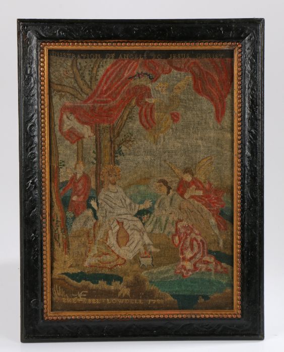 An 18th Century needle work picture, titled Ministration of Angels to Jesus Christ, named and