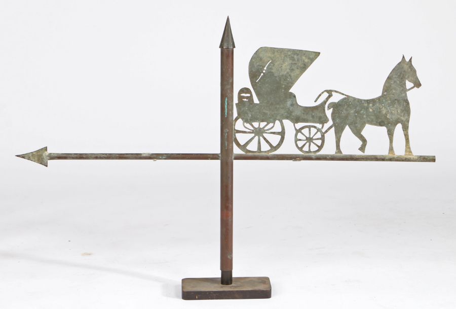 Copper weathervane, with a horse drawn carriage, the opposing end with an arrow, 62cm high, 90cm