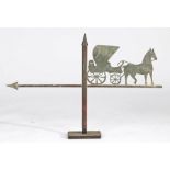 Copper weathervane, with a horse drawn carriage, the opposing end with an arrow, 62cm high, 90cm