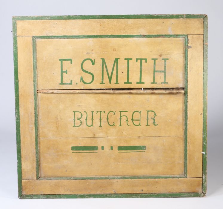 A large, completely original 19th Century butcher’s shop hand-painted wooden trade sign, in yellow & - Image 2 of 2