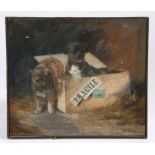 French School (late 19th century) Two puppies and a packing case, indistinctly signed, oil on