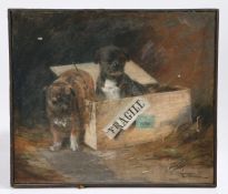 French School (late 19th century) Two puppies and a packing case, indistinctly signed, oil on