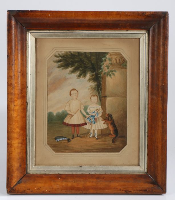 A. Stuart (19th century Folk Art) Two Scottish children with hoop and dog, signed and dated 1858 (