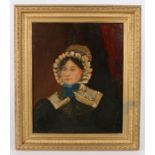 British School (19th century) Naive portrait of a lady in bonnet, oil on board, 34cm x 27.5cm