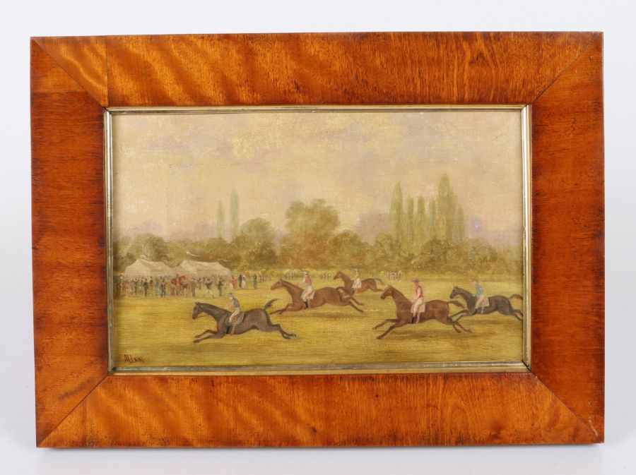 English School (19th century) Horse racing scene, the five jockeys & horses before a cheering crowd,