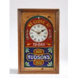 Hudson's Soap enamel advertising shop's clock, having white dial with black roman numerals, the dial