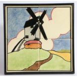 Complete set of 4 framed butchers’ shop tiles, combing to create an image of a windmill in Art