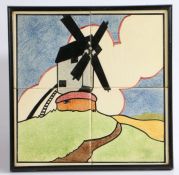 Complete set of 4 framed butchers’ shop tiles, combing to create an image of a windmill in Art