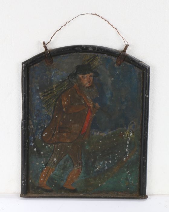 A 19th Century double sided zinc "tavern" sign, one side depicting a man in a hat smoking a pipe,