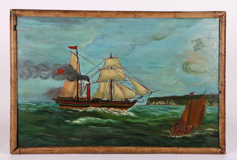 British School (19th century) A naive coastal seascape with paddle steamer in full sail & steam, - Image 2 of 2