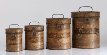 A set of four late 19th century graduated toleware kitchen tins, of cylindrical form, with