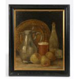 British School (early 20th century) Still life with pears, ale and pewter jug, monogrammed AD and