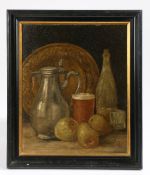 British School (early 20th century) Still life with pears, ale and pewter jug, monogrammed AD and