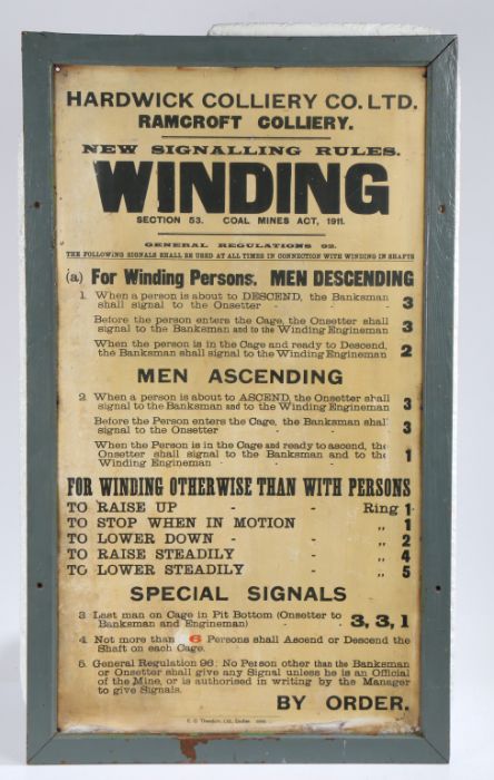 Mining interest, a large 1911 framed tin sign, for the  signalling rules for Ramcroft Colliery, - Image 2 of 2