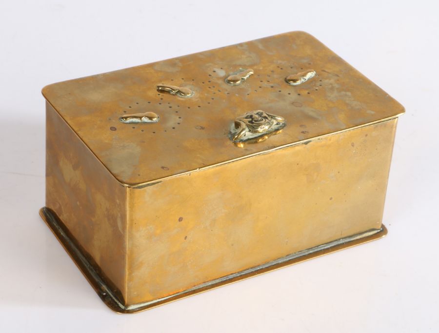 Unusual 19th Century brass combination table tobacco box, the rectangular lid with four locking - Image 2 of 3