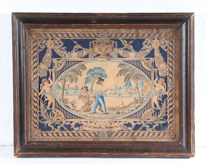 George II cut paper watercolour picture, circa 1760, the oval centre showing a courting couple - Image 2 of 2