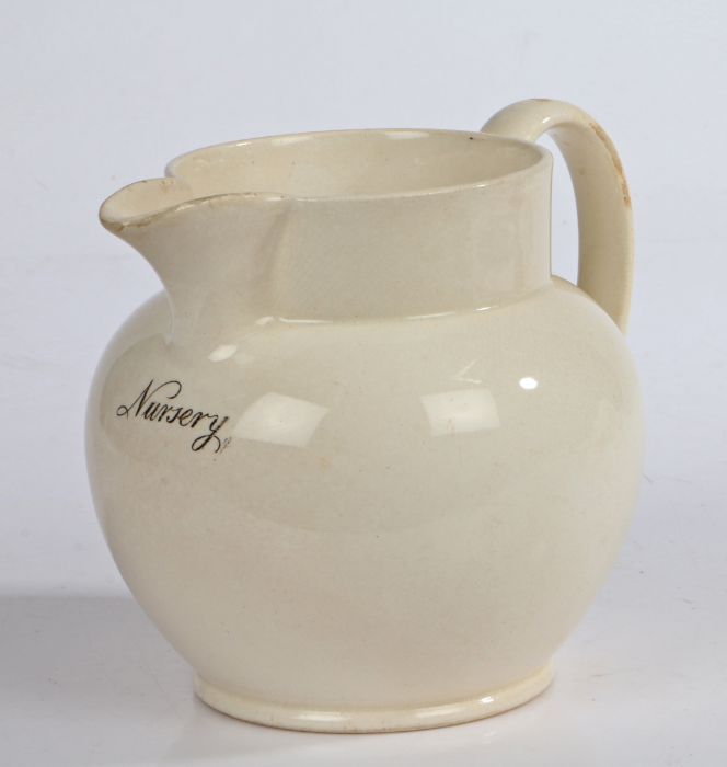 A 19th century Wedgwood creamware jug, of bulbous-form, printed in black 'Nursery', impressed