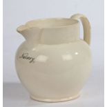 A 19th century Wedgwood creamware jug, of bulbous-form, printed in black 'Nursery', impressed