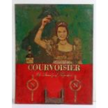 Courvoisier Cognac painted advertising sign, depicting a lady hold aloft a glass of Courvoisier, tin