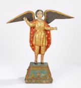 A 17th/18th century Continental polychrome painted carved wooden angel, modelled with wings & arms