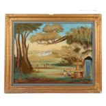 A large needlework and painted figural Continental landscape, gilt-framed and glazed, 68cm x 88cm.