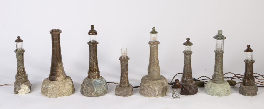 Eight 20th century Cornish serpentine marble lighthouse lamps, various sizes, some losses (8) - Image 2 of 2