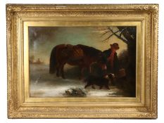 Edward Robert Smythe (British, 1810-1899) Winter Landscape with Figure, Horse and Dog