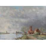 Owen Waters (British, 1916-2004) 'Windmills on the River Bure, Norfolk, At Clippesby, Near Acle'
