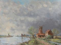 Owen Waters (British, 1916-2004) 'Windmills on the River Bure, Norfolk, At Clippesby, Near Acle'