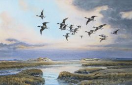 Carl Donner (British, Born 1957) 'Brent Geese Flighting Over A Saltmarsh'