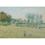 William Fraser Garden (British, 1856-1921) Children in River Landscape with Distant Church