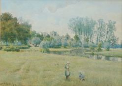 William Fraser Garden (British, 1856-1921) Children in River Landscape with Distant Church