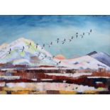 Hugh Brandon-Cox (British, 1917-2003) Geese in Flight Over Swedish Landscape