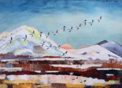 Hugh Brandon-Cox (British, 1917-2003) Geese in Flight Over Swedish Landscape
