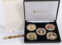 Jubilee Mint, set of five 9 carat gold House of Windsor Emblem and Monarch Portraits, each 31.10g,