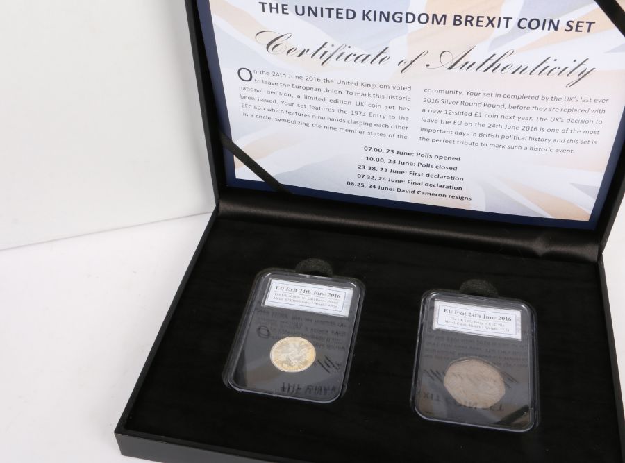 Date Stamp, The United Kingdom Brexit Coin Set Datestamp, UK £1 and 50p, cased with certificate