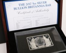 Westminster The 2017 5oz Silver Bullion Britannia Bar, limited edition number 15/495, cased with
