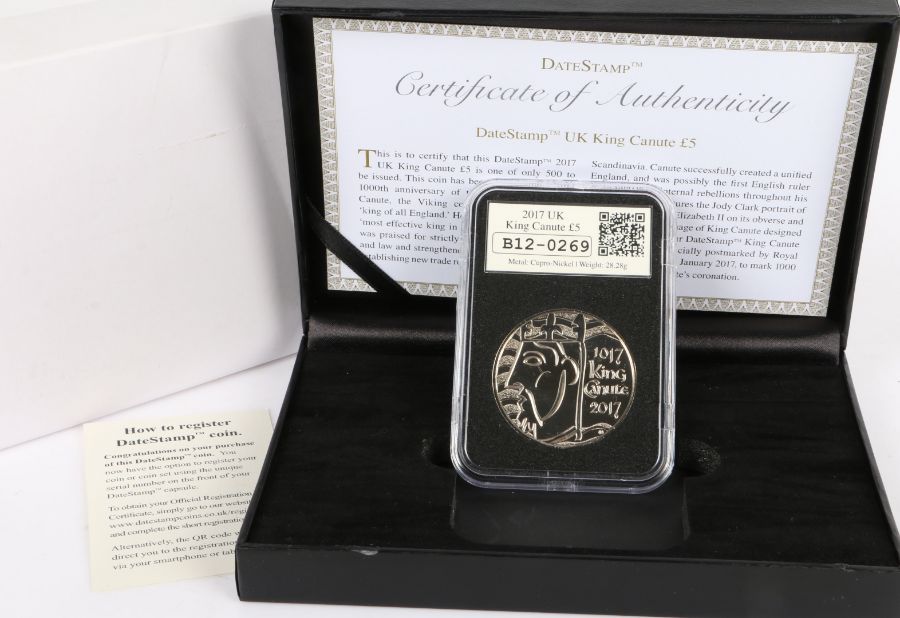 Date Stamp, UK King Canute Datestamp, UK £5, cased with certificate