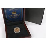 Sapphire Jubilee Guernsey One Pound Gold Proof coin, 2017, 166/595, cased and certificate