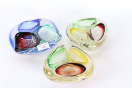 Three Mid to late 20th century Murano style art glass ash trays, all with various colour glass