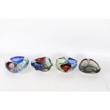 Four mid to late 20th century Murano style art glass ash trays, all with various colour glass